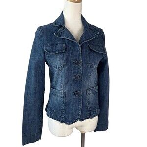 Outer Edge Womens Small Denim Jacket Blue Button Front Fitted Jean Coat